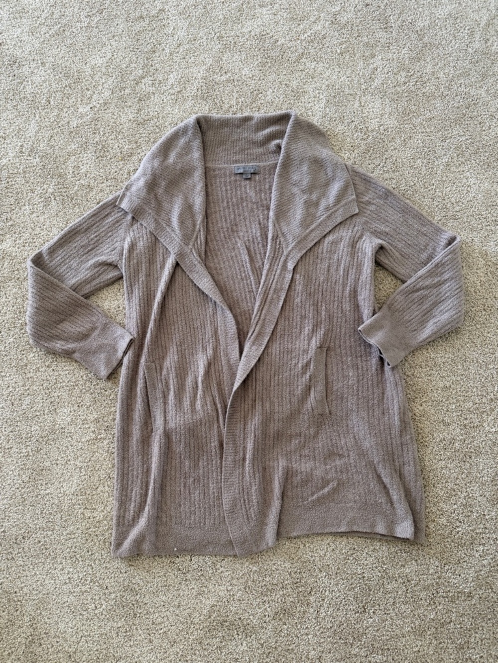 Barefoot Dreams Taupe Ribbed Open-Front Shawl Collar Cardigan
